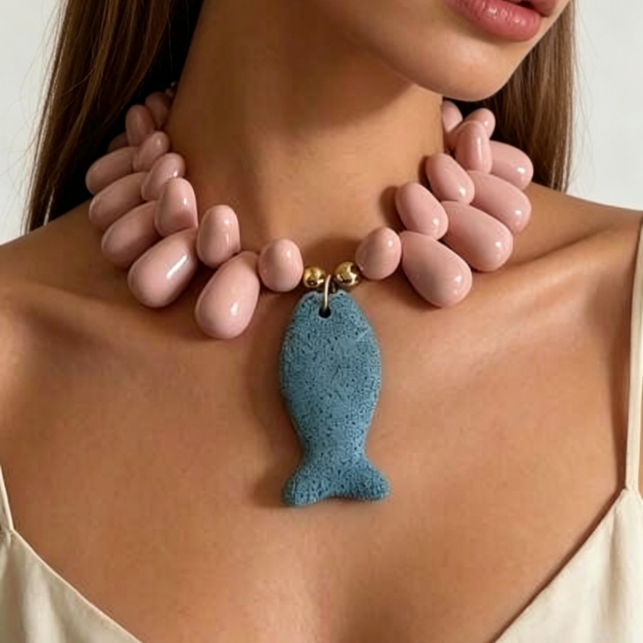 Vibrant Colorblock Pink Teardr - Resin Art Necklace 评论和价格